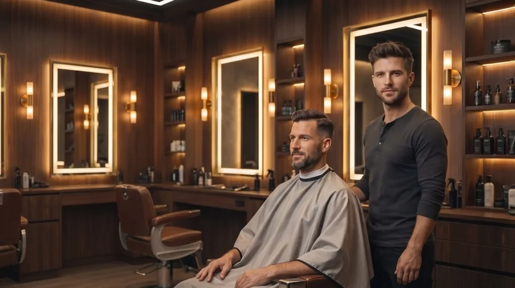 Barber i klient w nowoczesnym salonie MONO Hair
